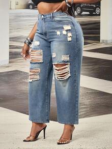 Slaydiva Pantalones rectos sin estiramiento de estilo vaquero azul desgastado para mujer de talla grande - Azul lavado medio - Ver 4
