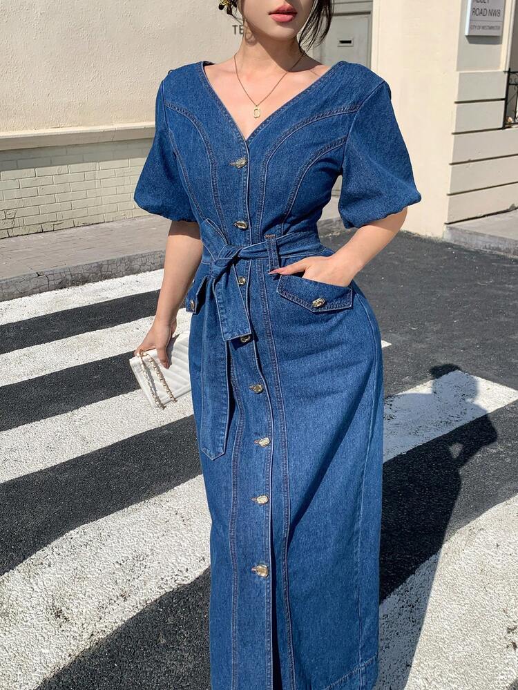 Women's V-Neck Short Sleeve Belted Elegant Long Washed Denim Dress