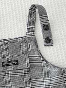 Cozy Pixies Bộ áo liền quần mùa hè cho bé trai, có túi phía trước, trang trí nhãn dệt, vải kẻ caro, dây đeo có thể điều chỉnh. - Nhiều màu - Xem 4