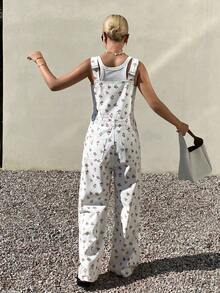 Livesso Ditsy Floral Fitted Women Denim Jumpsuit - White - View 2