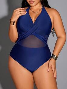 Shapewave 2026新款加大码显瘦交叉绑带钢圈加厚高腰性感透视连体泳衣，女士沙滩度假加大码泳装，女士收腹泳衣，加大码泳衣，曲线身材泳装，沙滩装 - 藍色 - 查看 8
