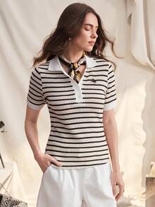 Zovinel Women's Half-Placket Raglan Short Sleeve Striped Casual Versatile Knit Top - Multicolor - View 1