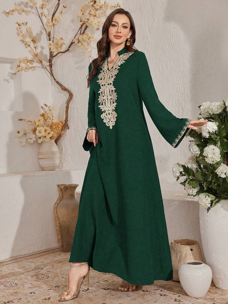 Al Najma Women's V-Neck Applique Casual Loose Party & Outing Dress - Dark Green - View 4