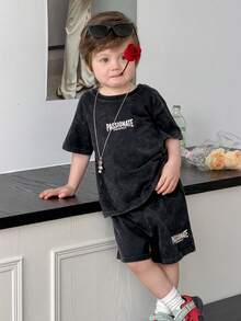 DAZY 男婴圆领水洗街头风休闲两件套T恤夏季套装 - 灰色 - 查看 6