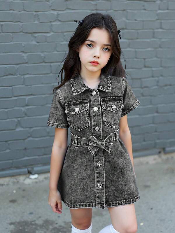 Elladie kids Young Girl' Denim Dress, Summer New Arrival, Street Chic Retro Y2K Style, Washed Black & Grey Denim Color, Belt Design With Pockets & Lapel Collar, Fitted Waist, Soft & Comfortable Cotton Denim Effect, Matching, Suitable For Summer Vacation, Music Festival, Daily Outings, Gatherings