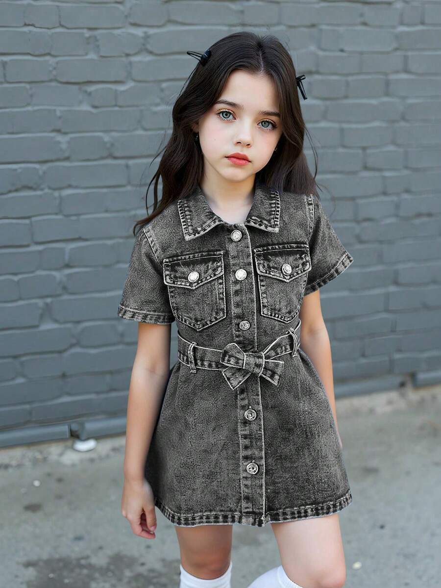 Elladie kids Robe en jean pour jeune fille, nouvelle arrivée pour l'été, style rétro chic de la rue Y2K, couleurs de jean lavé noir et gris, design avec ceinture, poches et col châle, taille ajustée, effet denim en coton doux et confortable, assortie, convient pour les vacances d'été, les festivals de musique, les sorties quotidiennes et les rassemblements - Noir - Voir 1