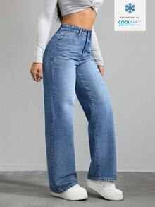 SHEIN ICON 女士口袋纽扣休闲百搭日常穿着阔腿牛仔裤 - 藍色 - 查看 5