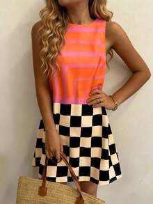 INAWLY Women's Checkered Patchwork Sleeveless Dress - Multicolor - View 3