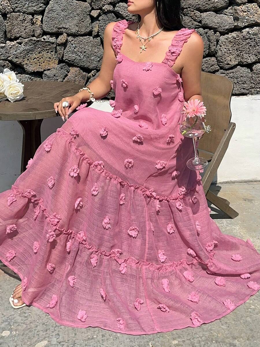 Sunnyshic Plus Size Square Neck Spaghetti Strap A-Line Dress, Vacation Style - Watermelon Pink - View 1