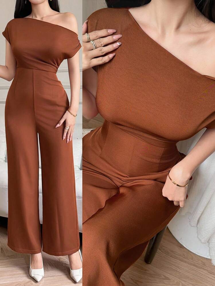 Women's Elegant Solid Color Asymmetrical Shoulder Wide Leg Jumpsuit, Summer Jumpsuit