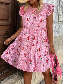 Breezaya Plus Size Elegant Floral & Cherry Print Round Neck Cap Sleeve A-Line Dress, Slimming Multi-Layer Patchwork Cake Skirt Design, Suitable For Daily Commute, Outing, Party, Vacation - Multicolor - View 1