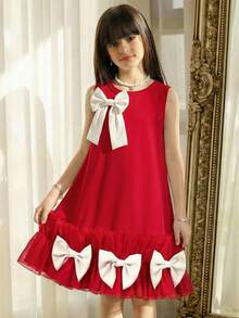 1pc Girls' Princess Style Red Summer Flower Girl Dress,Sleeveless Round Neck Thin Dress With 3D Bow Decor,Elegant Casual Outfits For Daily Parties - Red - View 7