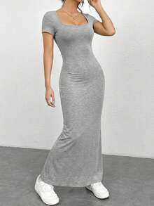 SHEIN EZwear 夏季方领鱼尾修身连衣裙 长款修身连衣裙 紧身长裙 性感长裙 短袖长款连衣裙 灰色女装 针织长款连衣裙 休闲长裙 女装连衣裙 女装连衣裙 灰色连衣裙 高品质连衣裙 - 灰色 - 查看 4