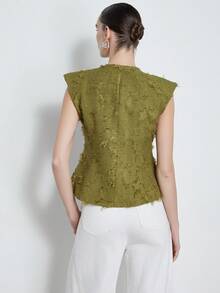 Aveloria Modichic Olive Green Jacquard Tassel Fabric Elegant Design Waist Cinched Vest With Asymmetric Metal Button Decor, Versatile For Work And Leisure, Vintage Style Fitted For Women - Green - View 5