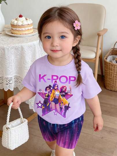 2pcs/Set Baby Girls' Casual K-POP Korean Wave Cartoon Girl & Star Print Purple Short Sleeve T-Shirt And Matching Contrast Color Gradient Shorts Set, Suitable For Daily & Holiday Casual Wear, Comfortable Knit Fabric, Purple T-Shirt Set