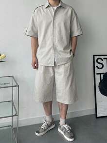 DAZY Herren Grau Kurzarm Hemd und Shorts Set, Sommer - Grau - Übersicht 5