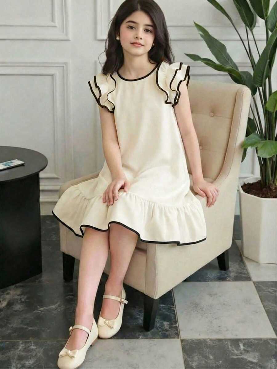 SHEIN Tween Girls' Summer Elegant Color Block Ruffle Hem Dress - Apricot - View 1