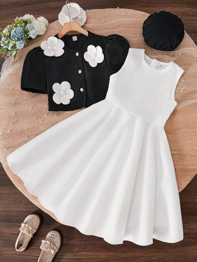 SHEIN 3pcs/Set Tween GirlsWoven Solid Color Bubble Short Sleeve Cropped Cardigan, Sleeveless A-Line Dress And Simple Casual Beret Hat Set, With Faux Pearl Mushroom Buttons And 3D Floral Decor, Fashionable And Elegant, Suitable For Spring/Summer Daily Casual Wear - Black and White - View 6