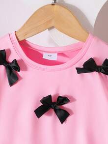 2pcs/Set Young Girl Sweet School Style Ribbon Bow Light Pink Short Sleeve Top & Black Pleated Skirt,Casual Summer T-Shirt Set For Family Matching - Multicolor - View 7