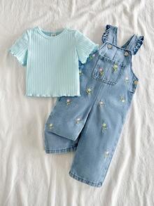 SHEIN Vintaside Kids 两件套女婴套装，休闲可爱百搭，纯色短袖上衣搭配花卉刺绣牛仔背带裤，适合春夏日常穿着。 - 藍色 - 查看 3