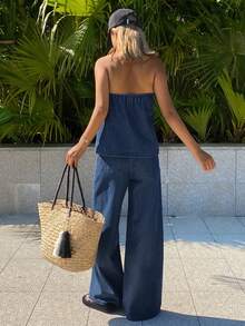 DAZY 女士吊带条纹牛仔上衣和宽松直筒裤，度假风牛仔套装 - 深色水洗藍 - 查看 5