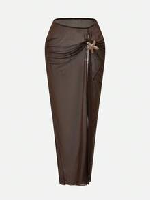 Swim Oasis 26SS 女士春夏沙滩套装，三件套，优雅社交名媛复古波西米亚风，精致海星金属装饰扣，吊带背心式泳衣和裹身裙，高级套装棕色泳装，女士端庄两件套泳衣，棕色两件套女士沙滩裙套装，棕色泳装大码 - 棕色 - 查看 6