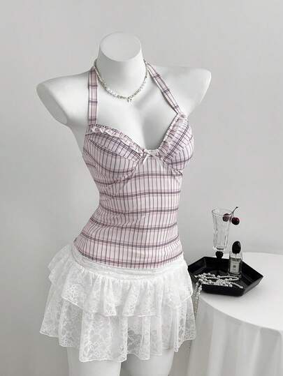 Elamini Women's Shirred Bowknot Decor Halter Backless Camisole Top