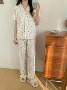 Girls'Ditsy Floral Pajama Set,Cute Beige Summer Sleepwear With Heart Pocket,Lace Trim,Collared Cardigan & Pants,Comfortable Soft 2 Piece Pajama Set - Apricot - View 5