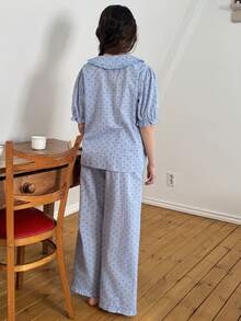 DAZY Conjunto de ropa de estar para niña preadolescente con cuello Peter Pan y manga corta - Azul - Ver 6