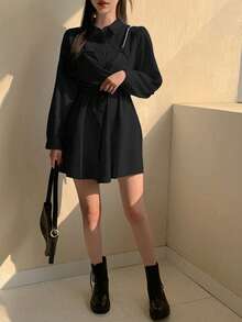 DAZY 2pcs Women's Black Short Suspender Dress - Black - View 4