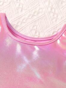 Elladie kids Young Girl Metallic Crew Neck Tank Top And Tulle Skirt Cute 2 Pieces Set - Hot Pink - View 3