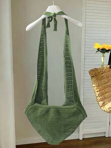 Manfinity RSRT Men's Solid Color Hollow Sexy Halter Knitted Jumpsuit Green Swimsuit Men's Bodysuit Crochet Swimsuit - Green - View 2