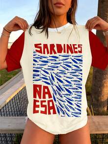 EMERY ROSE Women's Vintage Fish Sardines Art Print T-Shirt,Nature Lover Tee, Coastal Vibes Top, Outdoorsman Apparel, Ocean Graphic Tee - White - View 4