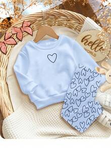 Soft Mist Blue, Cute Heart Print, Baby Girl Casual Minimalist Soft Thick Comfortable Crew Neck Long Sleeve Sweatshirt And Leggings Set, Suitable For Autumn/Winter Daily, Home, Cozy Season, Autumn & Winter Outfits For, Easy Comfort, Autumn & Winter Layers For Baby Girls, Stylish Baby Girls, Casual Wear, Baby Girl Graphic Clothes, Fall & Winter Clothes, Christmas Clothes, Chic Autumn, Fall New Style, Homecoming, Winter Fashion - Multicolor - View 2