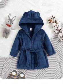 SHEIN Áo choàng tắm chống cháy dày dài tay có mũ trùm đầu hình tai 3D màu trơn cho bé trai - Xanh đậm - Xem 5