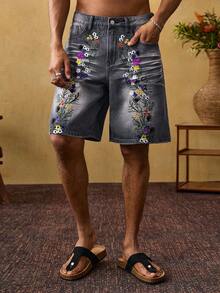 ROMWE MEN Men's Fashion Embroidered Pocket Denim Shorts - Grey - View 1