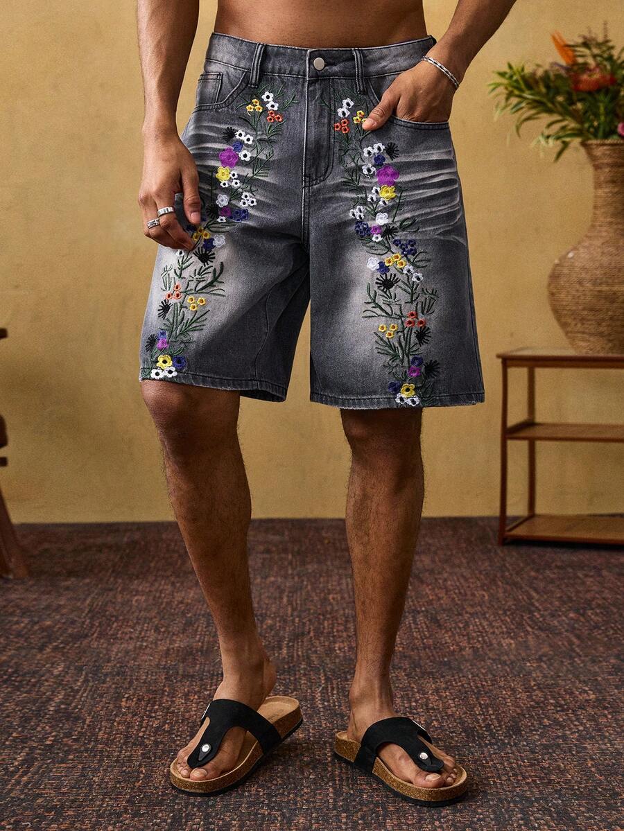 ROMWE MEN Men's Fashion Embroidered Pocket Denim Shorts - Grey - View 1