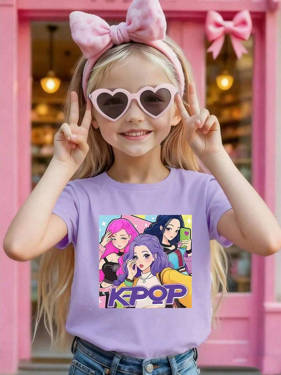 Sparklyn 1 Áo thun chủ đề ban nhạc K-Pop dành cho bé gái tuổi teen, họa tiết hoạt hình màu tím và hồng, cổ tròn tay ngắn, có thể giặt bằng máy, thích hợp cho các hoạt động ngoài trời, trang phục thường ngày, trang phục hàng ngày trong mọi mùa | Áo thun họa tiết | thích hợp cho các buổi đi chơi và mặc ở nhà - Hồng - Xem 1