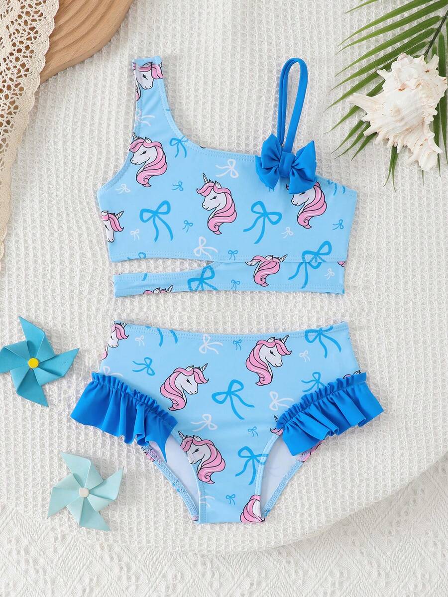 Einhorn-Muster süßer Mädchen Badeanzug-Set, dehnbarer gewebter Stoff geeignet für Strand, Urlaub, Schwimmen - Verschiedenfarbig - Übersicht 1