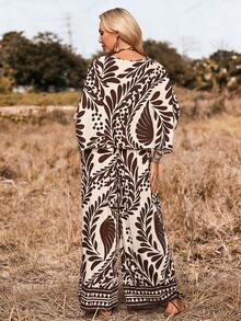 LanaWest 女士复古印花上衣和阔腿裤两件套，夏季 - 棕色 - 查看 2