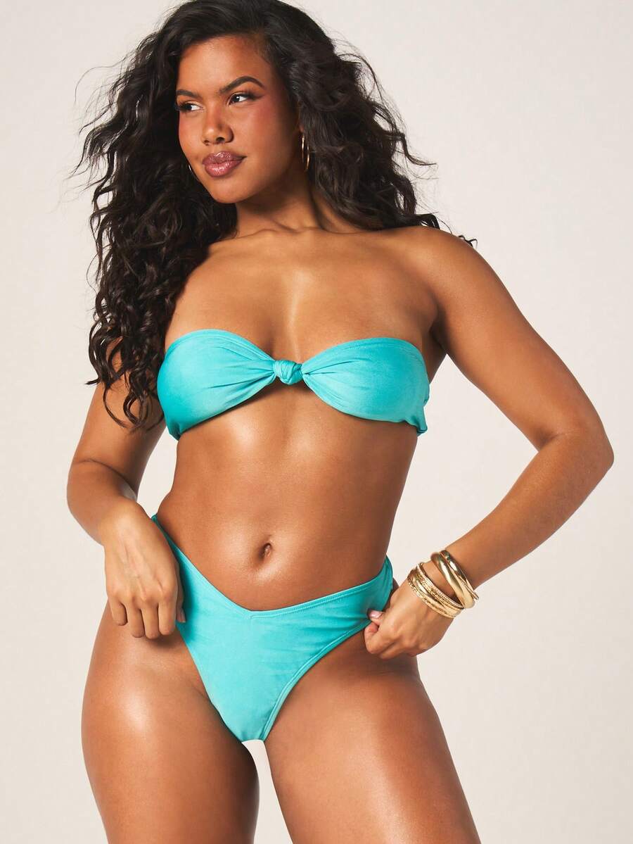 MISSGUIDED Bandeau Bikini Top With Knotted Front Detail Strapless Swimwear Summer Beach Vacation Turquoise - Mint Green - View 1