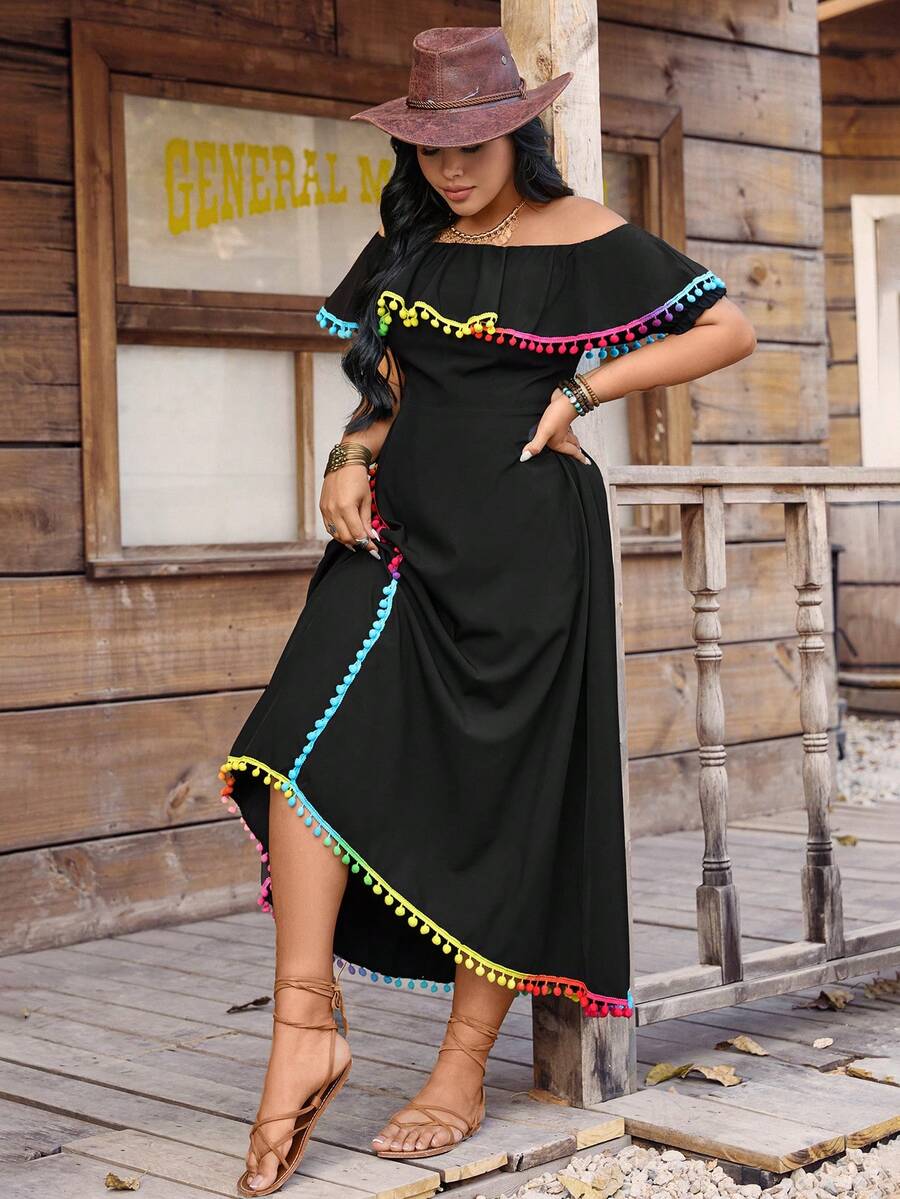LanaWest CURVE Plus Size Summer Casual Off Shoulder Dress With Pom Pom Trim - Black - View 1