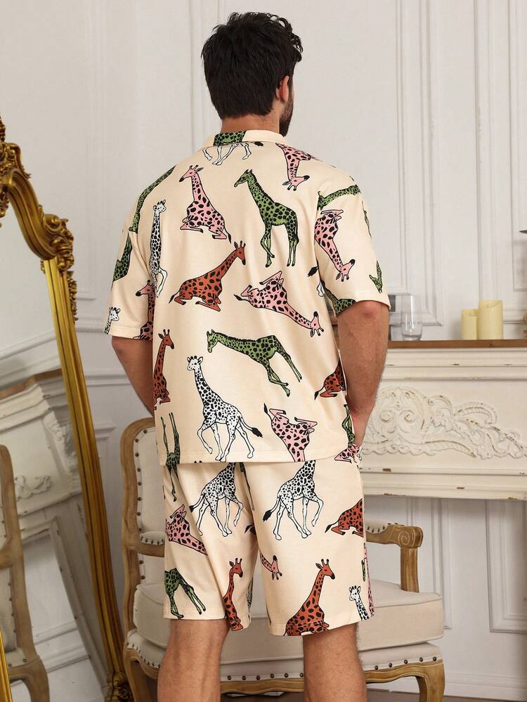 Men's Floral Print Short Sleeve Top And Shorts Pajama Set, Summer