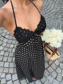 Sunnyshic Black Polka Dot Print Lace Patchwork V-Neck Halter Backless Waist Tie Maxi Dress, Women's Spring/Summer , Elegant Vacation/Date/Wedding Guest, Minimalist Daily Wear - Black - View 1