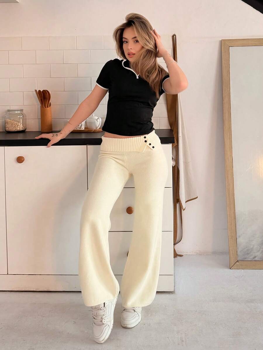 Katetique 女式 Polo 领拼色 T 恤,春夏女式 Polo 衫学院风上衣撞色边饰 Polo 衫 - 黑色 - 查看 1