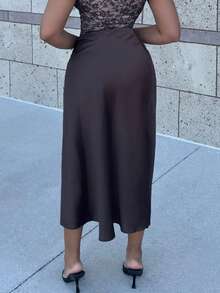 Alexandranx Women's Satin Skirt, Versatile Fish Tail Hem Skirt, Everyday Wear, Brown Skirt - Coffee Brown - View 2