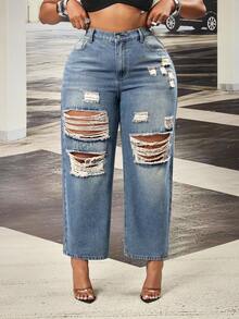 Slaydiva Pantalones rectos sin estiramiento de estilo vaquero azul desgastado para mujer de talla grande - Azul lavado medio - Ver 1