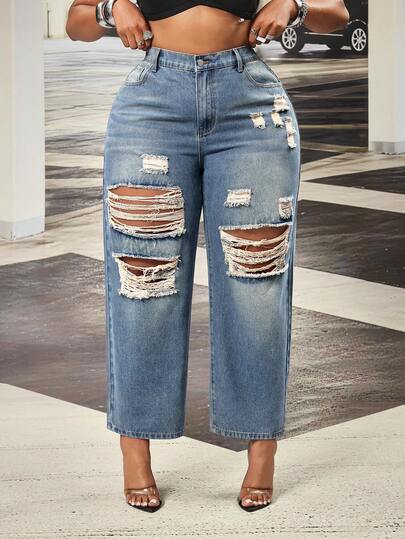 Slaydiva Plus Size Women Spring Cowgirl Style Blue Non-Stretch Distressed Straight Leg Pants