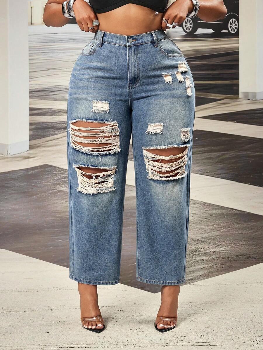 Slaydiva Pantalones rectos sin estiramiento de estilo vaquero azul desgastado para mujer de talla grande - Azul lavado medio - Ver 1