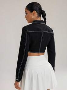 SHEIN Essnce Fashionable Contrast Stitching Cropped Denim Jacket - Black - View 3